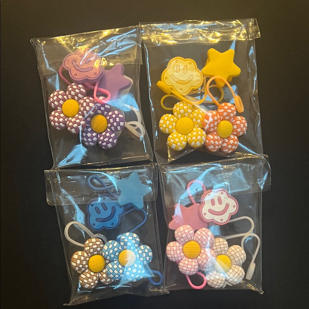 Colorful Flower and Smiley (4 pack) Straw Toppers